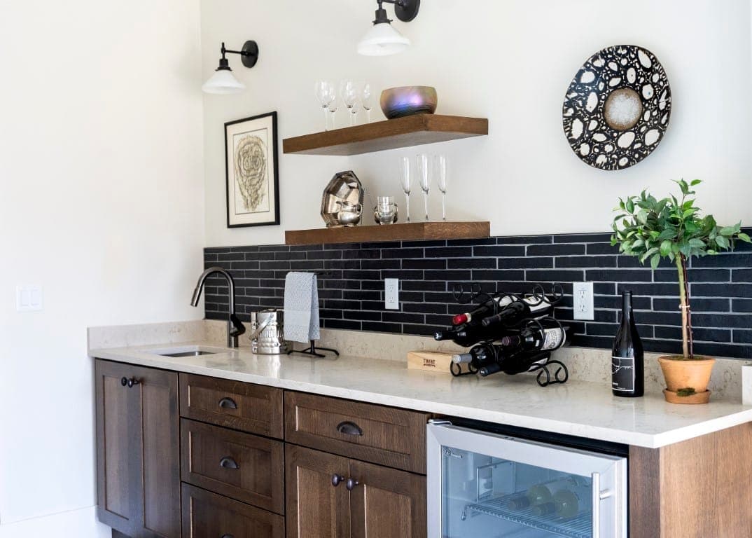 Custom home bar with built-in shelving in Preston Court remodel